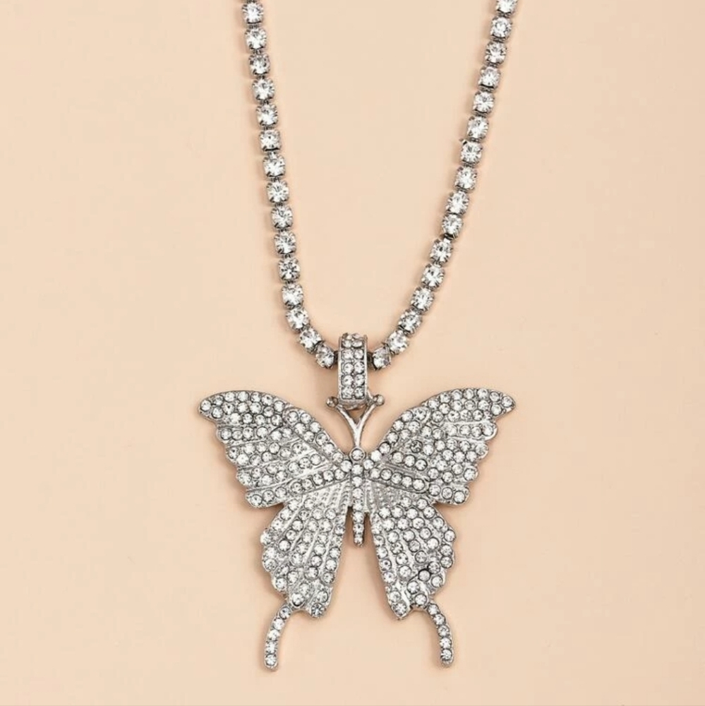 SILVER RHINESTONE BUTTERFLY NECKLACE BLING Y2K LUXURY PRETTY‎ TEEN GIFT SPARKLE